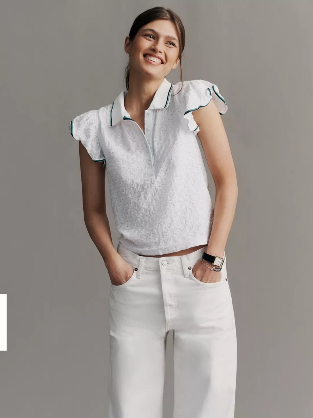 NWT Anthropologie MARVE Fluttered Sleeve Polo Tee